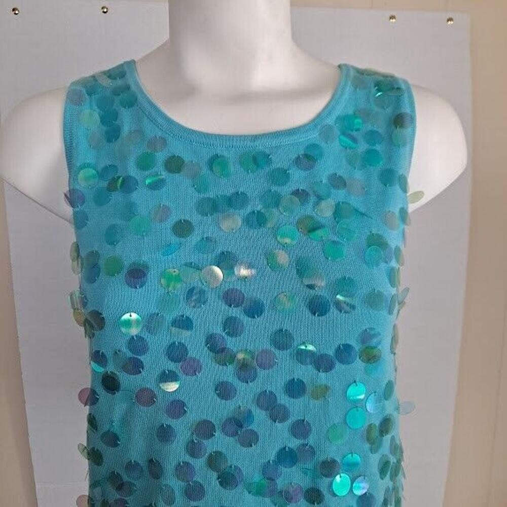 Vintage Fairy Glam Knit Top SM Sleeveless Paillette Turquoise Hong Kong Swank